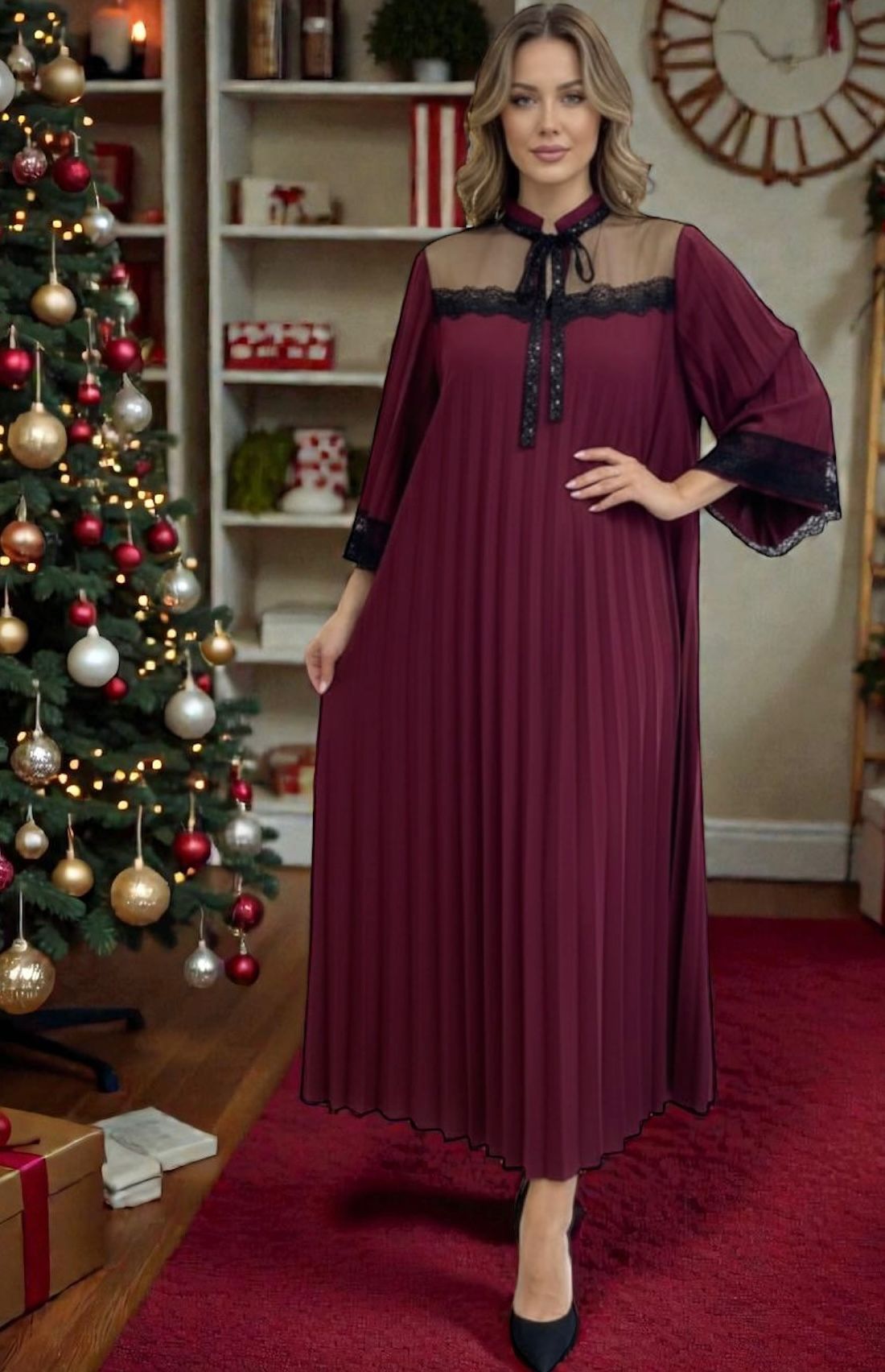 Rochie plisata din satin cu dantela Lulu