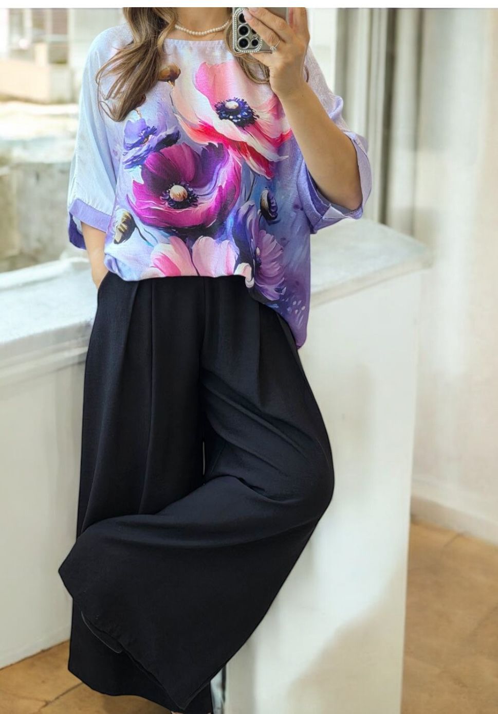 Pantaloni XL evazati din vascoza cu centura inclusa Elenor